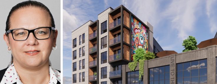 Ilana Druyan and a rendering of 277-301 West Side Avenue, Jersey City, N.J.