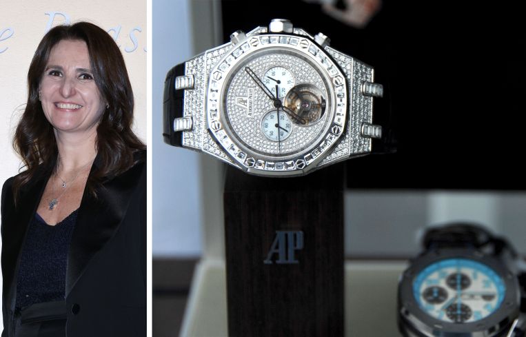 Audemars Piguet CEO Ilaria Resta and Audemars Piguet watches on display.
