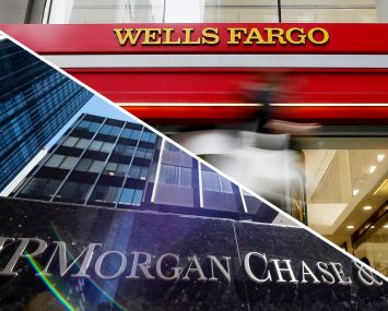 A Wells Fargo bank branch and JPMorgan Chase's New York headquarters.
