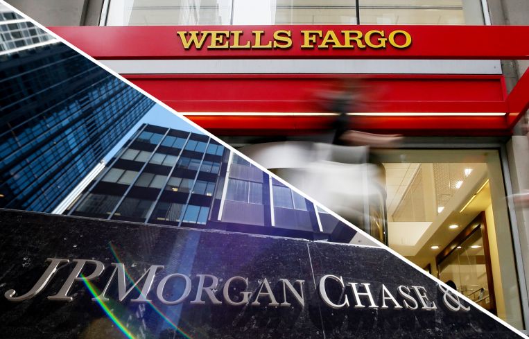 A Wells Fargo bank branch and JPMorgan Chase's New York headquarters.