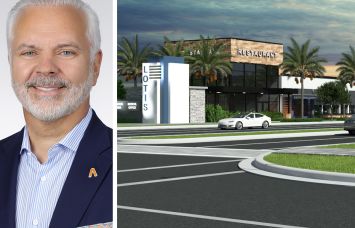 Amerant Bank Chairman and CEO Jerry Plush and a rendering of Lotis Wellington, Wellington, Fla.