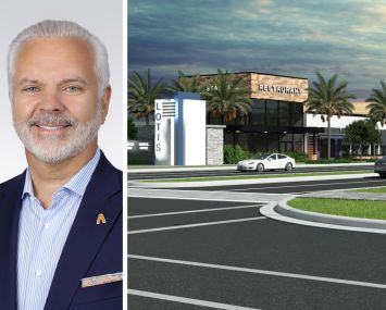 Amerant Bank Chairman and CEO Jerry Plush and a rendering of Lotis Wellington, Wellington, Fla.