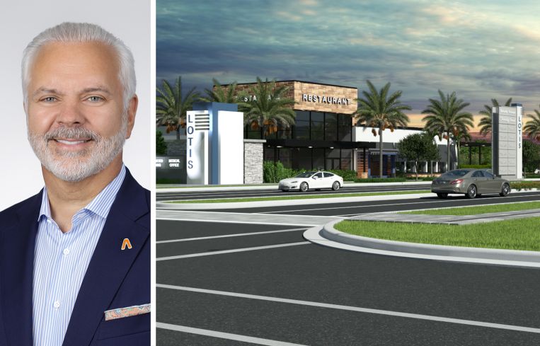 Amerant Bank Chairman and CEO Jerry Plush and a rendering of Lotis Wellington, Wellington, Fla.