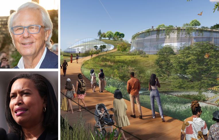 John Alschuler, CEO of Therme US, Washington D.C. Mayor Muriel Bowser, and a rendering of Therme DC.