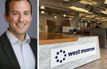West Monroe's Jordan Sternlieb and the company's office at 700 South Flower Street in Los Angeles.