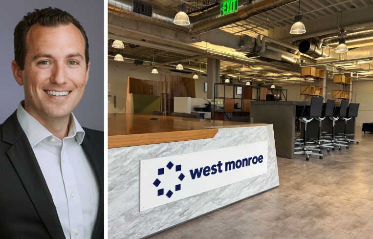 West Monroe's Jordan Sternlieb and the company's office at 700 South Flower Street in Los Angeles.
