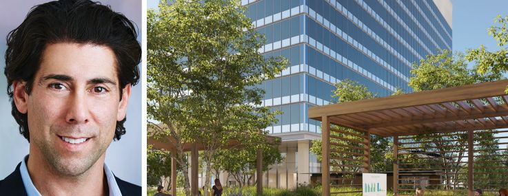 Josh Gorin, president of Savills' Los Angeles region, and a rendering of Anderson Towers in Los Angeles.