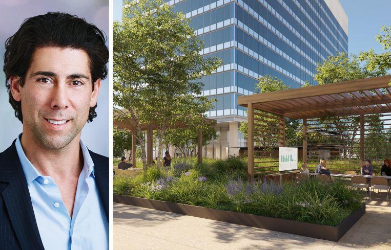 Josh Gorin, president of Savills' Los Angeles region, and a rendering of Anderson Towers in Los Angeles.