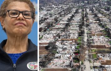 Los Angeles Mayor Karen Bass and an aerial view of homes destroyed in the Palisades Fire.