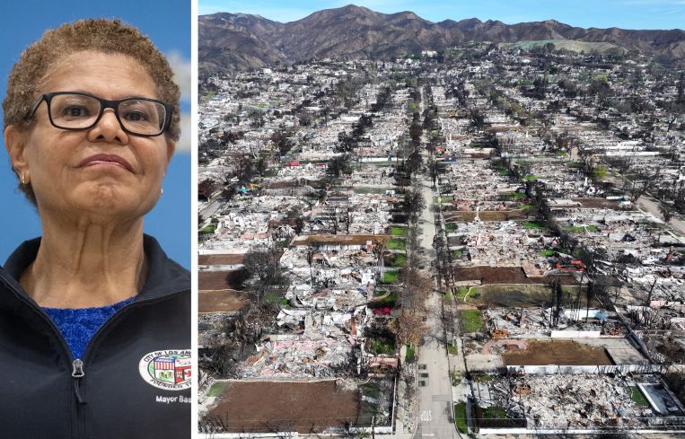 Los Angeles Mayor Karen Bass and an aerial view of homes destroyed in the Palisades Fire.