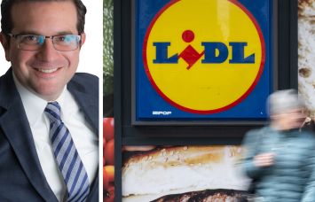 Kenneth Schuckman, President of Schuckman Realty, and a pedestrian passing a Lidl store.