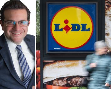 Kenneth Schuckman, President of Schuckman Realty, and a pedestrian passing a Lidl store.
