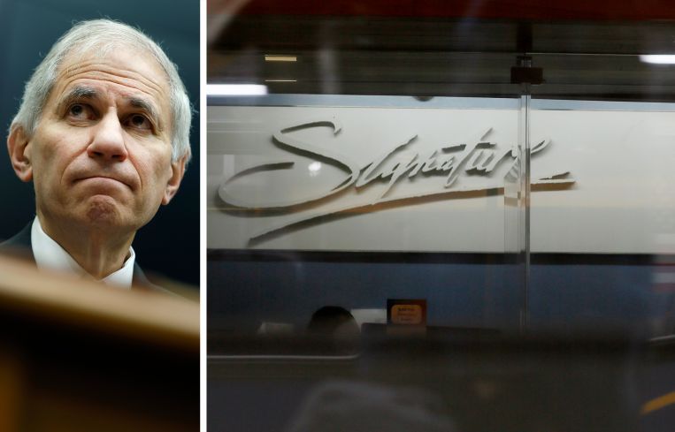 Former FDIC Chairman Martin Gruenberg and a Signature Bank branch.