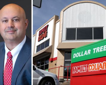 Dollar Tree CEO Michael Creedon Jr. and a pair of Family Dollar and Dollar Tree stores.