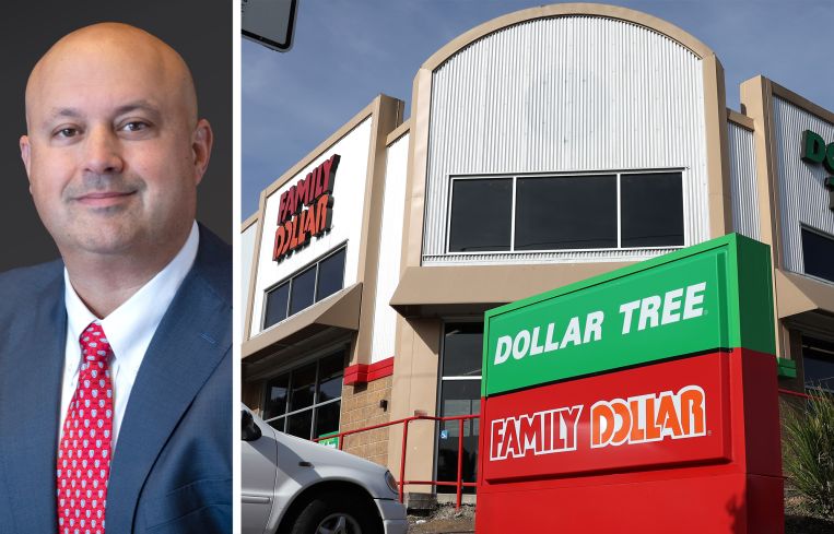 Dollar Tree CEO Michael Creedon Jr. and a pair of Family Dollar and Dollar Tree stores.