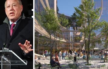 Michael Hershman, CEO of Soloviev Group, and a rendering of Freedom Plaza.