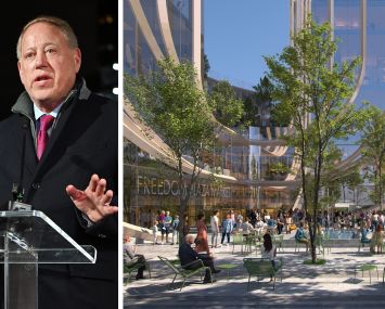 Michael Hershman, CEO of Soloviev Group, and a rendering of Freedom Plaza.
