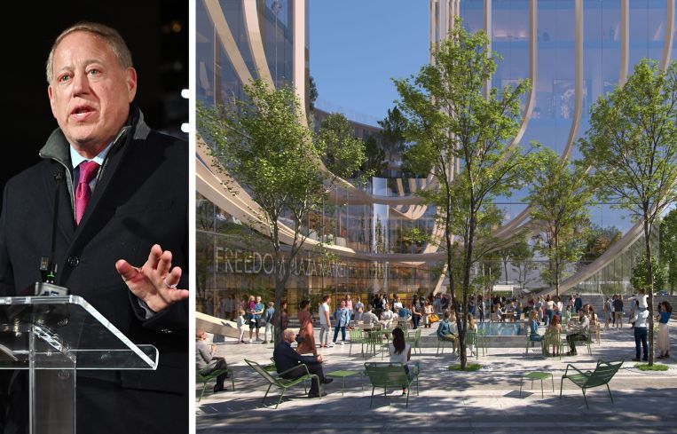 Michael Hershman, CEO of Soloviev Group, and a rendering of Freedom Plaza.