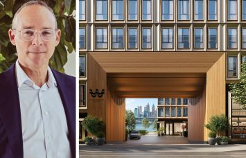 Miki Naftali of the Naftali Group and a rendering of Williamsburg Wharf.