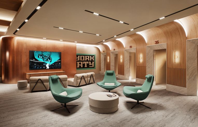 Rendering of the New York Liberty practice facility locker room lounge.