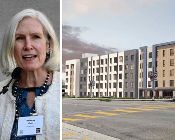 Linc Housing CEO Rebecca Clark and a rendering of 17100 Victory Boulevard, Lake Balboa, Calif.