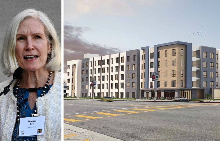 Linc Housing CEO Rebecca Clark and a rendering of 17100 Victory Boulevard, Lake Balboa, Calif.