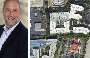 Rob Lester, chief investment officer of RMR Residential, and a satellite image of Avana Bayview, Pompano Beach, Fla.