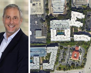 Rob Lester, chief investment officer of RMR Residential, and a satellite image of Avana Bayview, Pompano Beach, Fla.