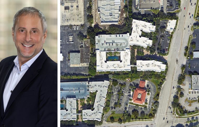 Rob Lester, chief investment officer of RMR Residential, and a satellite image of Avana Bayview, Pompano Beach, Fla.