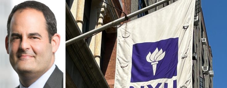 Scott Weiner of Apollo Global and a flag with the NYU logo at the university's campus.