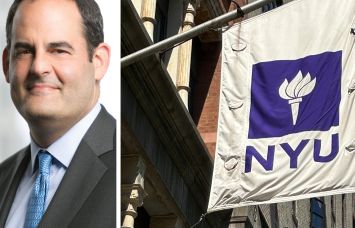 Scott Weiner of Apollo Global and a flag with the NYU logo at the university's campus.