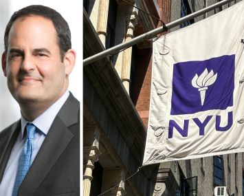 Scott Weiner of Apollo Global and a flag with the NYU logo at the university's campus.