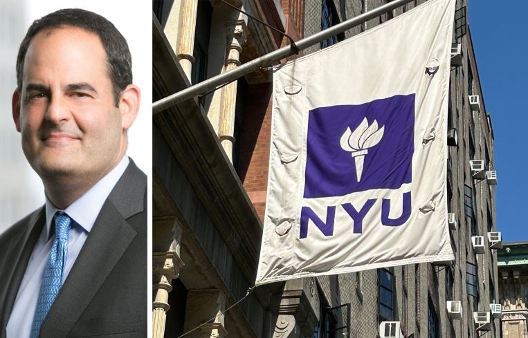 Scott Weiner of Apollo Global and a flag with the NYU logo at the university's campus.