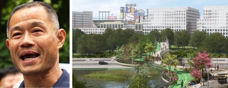 State Sen. John Liu, New York Mets owner Steve Cohen, and a rendering of Flushing Skypark.