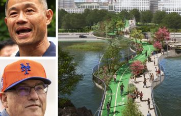 State Sen. John Liu, New York Mets owner Steve Cohen, and a rendering of Flushing Skypark.
