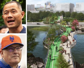 State Sen. John Liu, New York Mets owner Steve Cohen, and a rendering of Flushing Skypark.