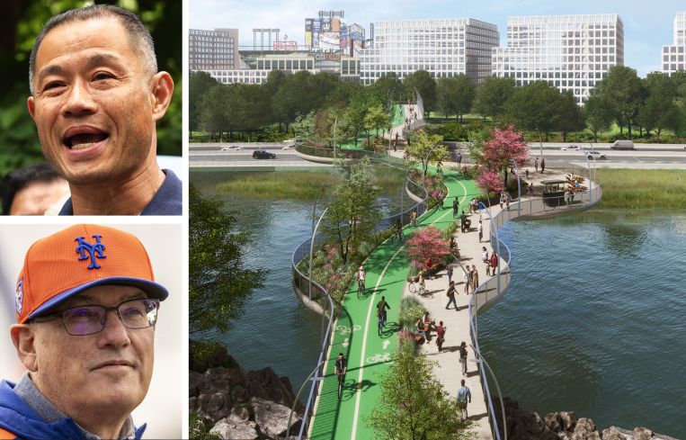 State Sen. John Liu, New York Mets owner Steve Cohen, and a rendering of Flushing Skypark.