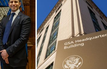 GSA Administrator Stephen Ehikian and the GSA headquarters in Washington, D.C.