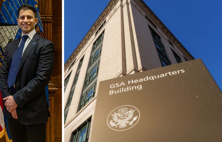 GSA Administrator Stephen Ehikian and the GSA headquarters in Washington, D.C.