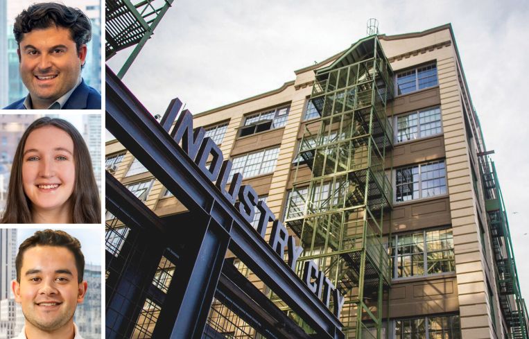 Open Impact Real Estate's Stephen Powers, Kendall Elliott, and Ethan Voligny, and a sign leading into Industry City.