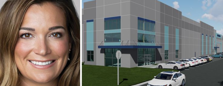 Trisha Connolly-Horowitz, head of real estate lending at Catal Group, and a rendering of the I-84 Orange County Logistics Center.