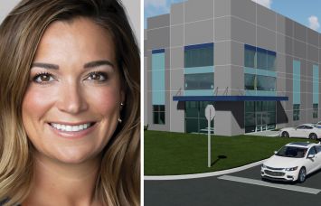 Trisha Connolly-Horowitz, head of real estate lending at Catal Group, and a rendering of the I-84 Orange County Logistics Center.