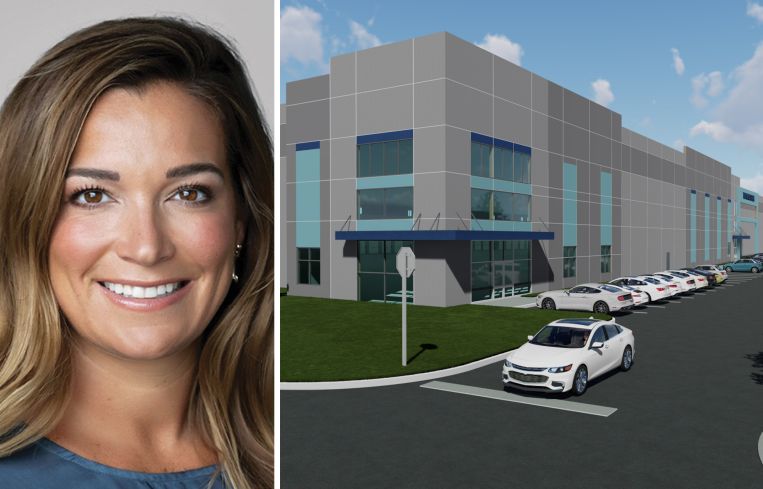 Trisha Connolly-Horowitz, head of real estate lending at Catal Group, and a rendering of the I-84 Orange County Logistics Center.