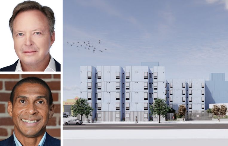 Acore Capital's Warren de Haan, SoLa Impact's Martin Muoto, and a rendering of 4301 Vermont.