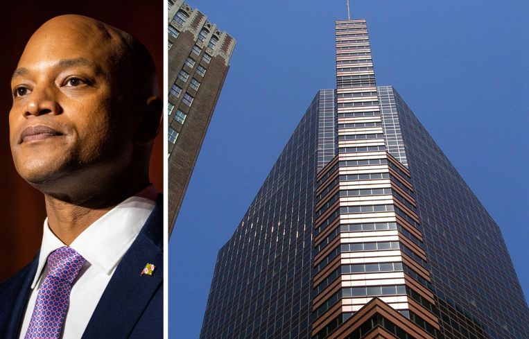 Maryland Gov. Wes Moore and the William Donald Schaefer Building in Baltimore.