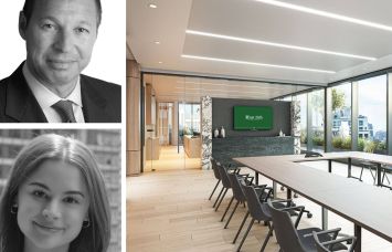 William Cohen and Ariel Harwood of Newmark, and a conference room inside 11 East 26th Street.