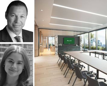 William Cohen and Ariel Harwood of Newmark, and a conference room inside 11 East 26th Street.