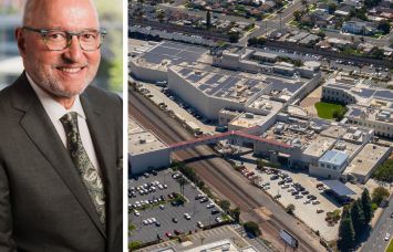 William Shopoff, CEO of Shopoff Realty, and an aerial photo of a 13.75-acre property in Buena Park, Calif.
