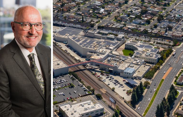 William Shopoff, CEO of Shopoff Realty, and an aerial photo of a 13.75-acre property in Buena Park, Calif.