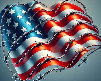 An American flag covered in barbed wire.